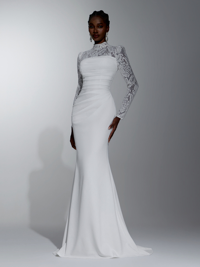 Elitara Elegant Luxury Sheer Lace Round Neck Long Sleeve Pleated Fabric Bodycon Mermaid Flare Long Dress, Suitable For Wedding Ceremony, Celebration, Red Carpet Event, Luxury Reception And Evening Party, Outdoor Forest Beach, Multi-Occasion Bridal Gown, Wedding Dress, Wedding Guest Dress, Long Robe