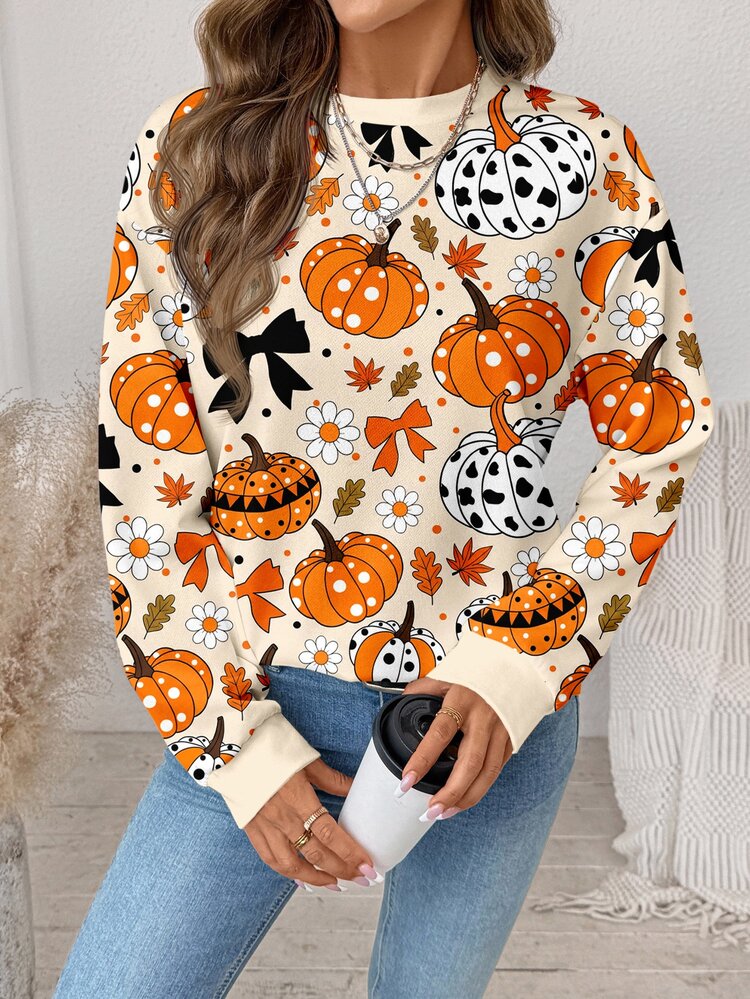 SHEIN LUNE Sweatshirt Pullover Lengan Panjang Leher Bulat Motif Halloween Wanita, Kasual Lucu Warna Beige untuk Musim Gugur/Dingin - Putih - View 7