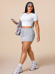 SHEIN Unity Women's Plus Size Solid Color Raglan Short Sleeve Cropped Sports T-Shirt - White - View 3