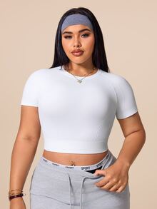SHEIN Unity Women's Plus Size Solid Color Raglan Short Sleeve Cropped Sports T-Shirt - White - View 1