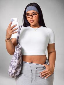 SHEIN Unity Women's Plus Size Solid Color Raglan Short Sleeve Cropped Sports T-Shirt - White - View 7