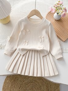 SHEIN Playful Pals 4-7歲女童粉色3D蝴蝶結圓領針織毛衣與百褶裙2件套，兒童幼兒園日常出遊生日拍照套裝，春夏秋冬款 - 杏色 - 查看 9