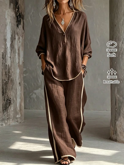SHEIN Conjunto de 2 Peças com Contraste de Cor Caramelo Primavera/Verão e Outono/Inverno, Roupa Casual Estilo Férias, Conjunto de Calça Perna Larga com Decote em V Marrom, Conjunto de 2 Peças Relaxado e Preguiçoso para Casa e Exterior, Roupa para Concerto de Música Country de Férias, Conjunto Versátil Casual para Uso Diário, Conjunto de 2 Peças com Contraste de Cor, Top Marrom, Calça Marrom, Conjunto de 2 Peças Marrom