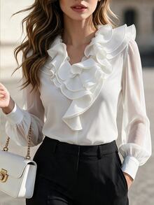 SHEIN Women's Autumn/Winter Comfortable V-Neck Layered Ruffle Design Palace Style Elegant Vintage Knit Contrast Mesh Long Sleeve Top - White - View 3