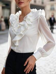 SHEIN Women's Autumn/Winter Comfortable V-Neck Layered Ruffle Design Palace Style Elegant Vintage Knit Contrast Mesh Long Sleeve Top - White - View 7