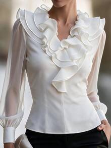 SHEIN Women's Autumn/Winter Comfortable V-Neck Layered Ruffle Design Palace Style Elegant Vintage Knit Contrast Mesh Long Sleeve Top - White - View 11