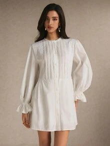 Poéselle Women's Solid Color Round Neck Ruffle Cuff Single-Breasted Casual Mini Dress - White - View 8