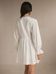 Poéselle Women's Solid Color Round Neck Ruffle Cuff Single-Breasted Casual Mini Dress - White - View 9