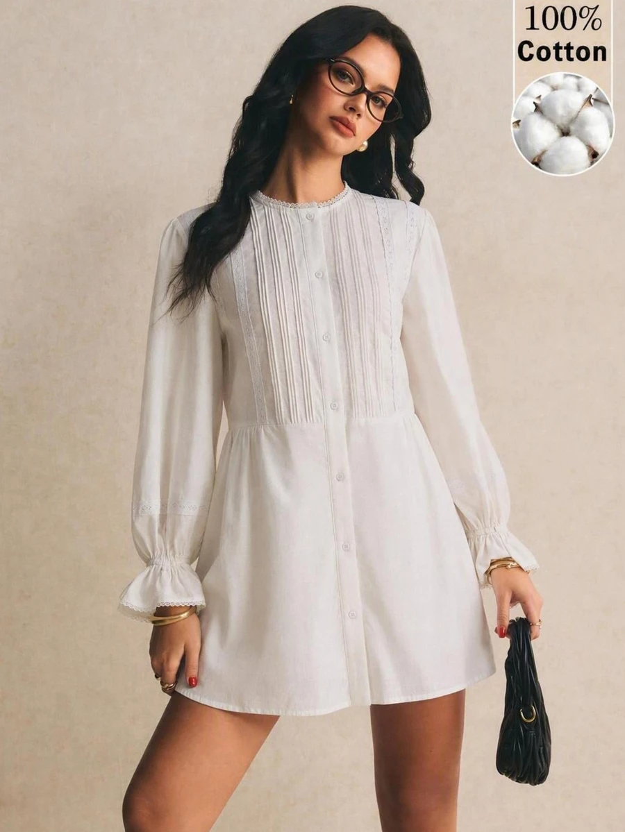 Poéselle Women's Solid Color Round Neck Ruffle Cuff Single-Breasted Casual Mini Dress - White - View 1