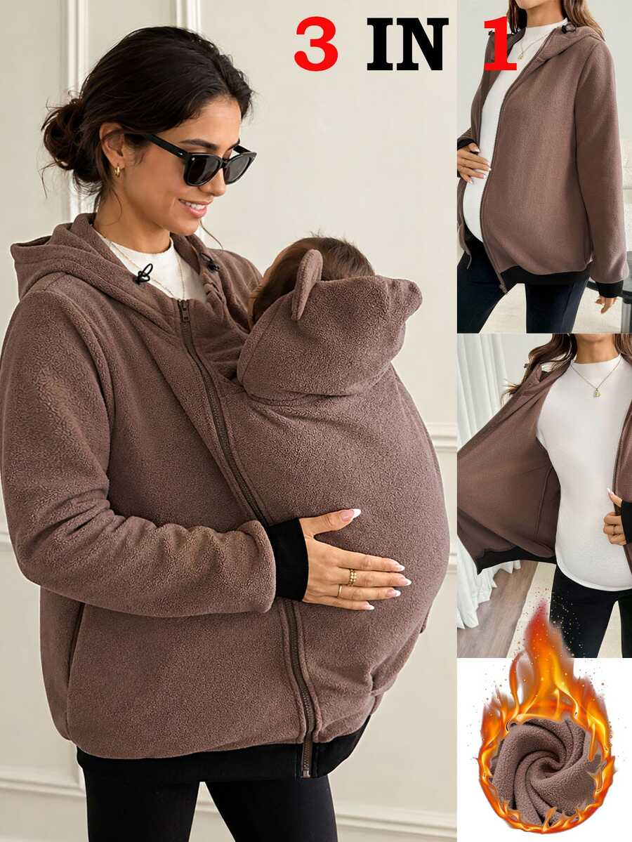 SHEIN Maternity Autumn/Winter Casual Classic Rumi Warm Hooded 3-In-1 Jacket Fall Holiday Pregnancy Black - Khaki - View 1