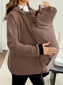 SHEIN Maternity Autumn/Winter Casual Classic Rumi Warm Hooded 3-In-1 Jacket Fall Holiday Pregnancy Black - Khaki - View 6