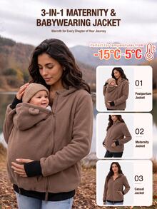 SHEIN Maternity Autumn/Winter Casual Classic Rumi Warm Hooded 3-In-1 Jacket Fall Holiday Pregnancy Black - Khaki - View 1
