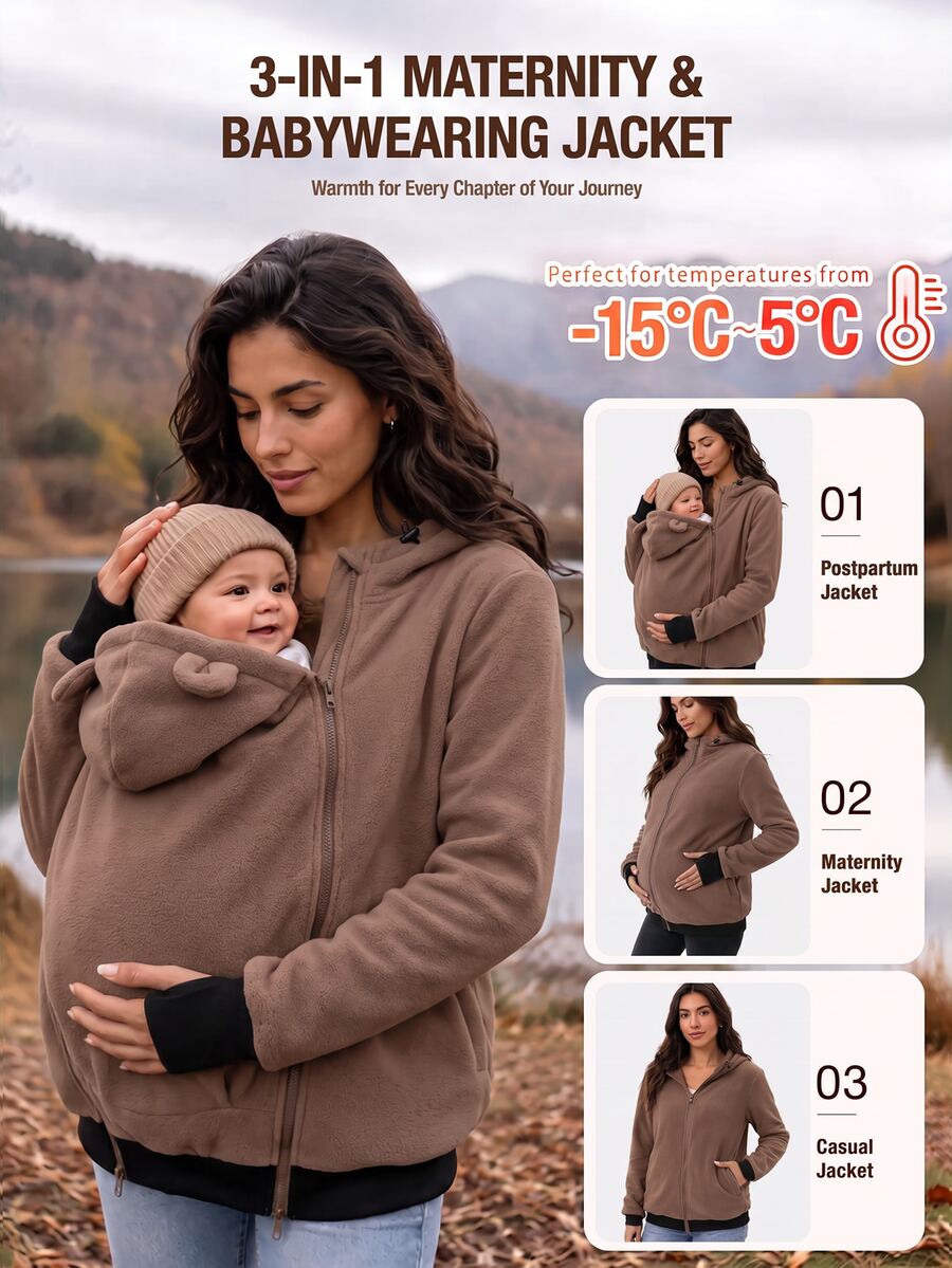 SHEIN Maternity Autumn/Winter Casual Classic Rumi Warm Hooded 3-In-1 Jacket Fall Holiday Pregnancy Black - Khaki - View 1