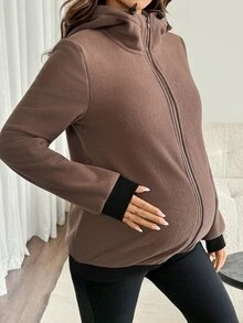 SHEIN Maternity Autumn/Winter Casual Classic Rumi Warm Hooded 3-In-1 Jacket Fall Holiday Pregnancy Black - Khaki - View 5