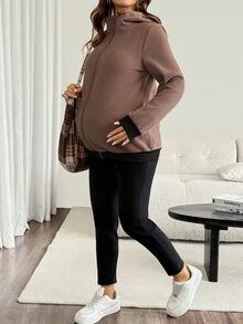 SHEIN Maternity Autumn/Winter Casual Classic Rumi Warm Hooded 3-In-1 Jacket Fall Holiday Pregnancy Black - Khaki - View 4