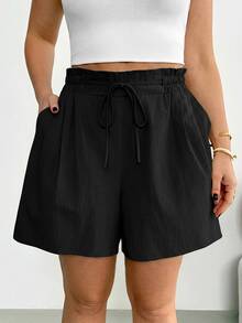 Shapeblank Plus-Size Women's Spring/Summer Fashionable Casual Loose Comfortable Everyday All-Match Versatile Slimming Linen Apricot Elastic Waist Shorts, Vacation , Women Bottom, Simple Style, Curve Shorts - Black - View 5