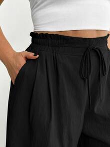 Shapeblank Plus-Size Women's Spring/Summer Fashionable Casual Loose Comfortable Everyday All-Match Versatile Slimming Linen Apricot Elastic Waist Shorts, Vacation , Women Bottom, Simple Style, Curve Shorts - Black - View 6