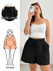 Shapeblank Plus-Size Women's Spring/Summer Fashionable Casual Loose Comfortable Everyday All-Match Versatile Slimming Linen Apricot Elastic Waist Shorts, Vacation , Women Bottom, Simple Style, Curve Shorts - Black - View 1