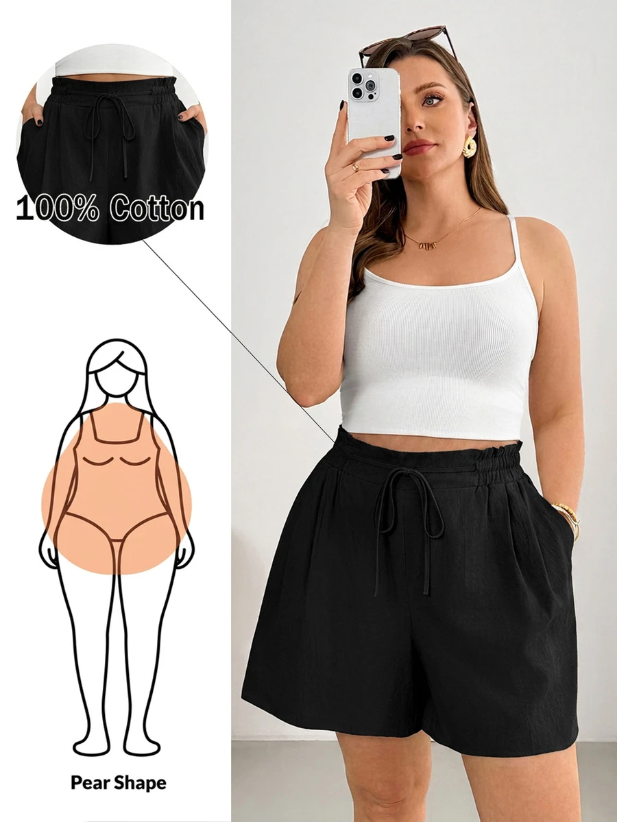 Shapeblank Plus-Size Women's Spring/Summer Fashionable Casual Loose Comfortable Everyday All-Match Versatile Slimming Linen Apricot Elastic Waist Shorts, Vacation , Women Bottom, Simple Style, Curve Shorts - Black - View 1