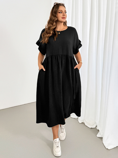 Shapeblank Women's Plus Size Black Summer Smart Casual Formal Vacation Outfits, Fashionable Loose Pocket Ruffled Sleeves Oversize Hiking Dress