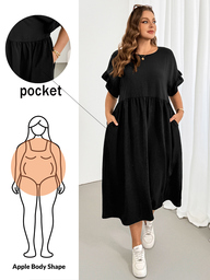 Shapeblank Women's Plus Size Black Summer Smart Casual Formal Vacation Outfits, Fashionable Loose Pocket Ruffled Sleeves Oversize Hiking Dress