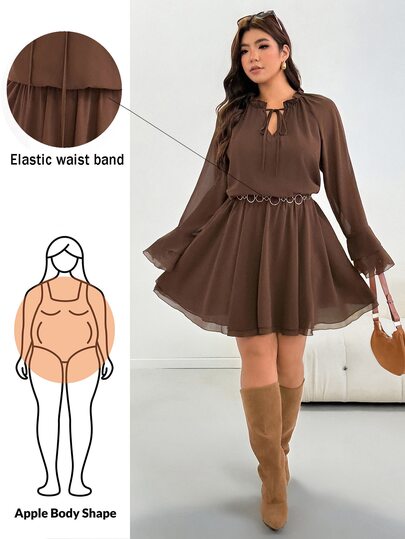 Shapeblank Robe longue à manches longues marron en mousseline pour femmes grande taille, style mode printemps/automne, décontractée élégante, ample et confortable, basique polyvalente, amincissante avec taille cintrée, pour le quotidien