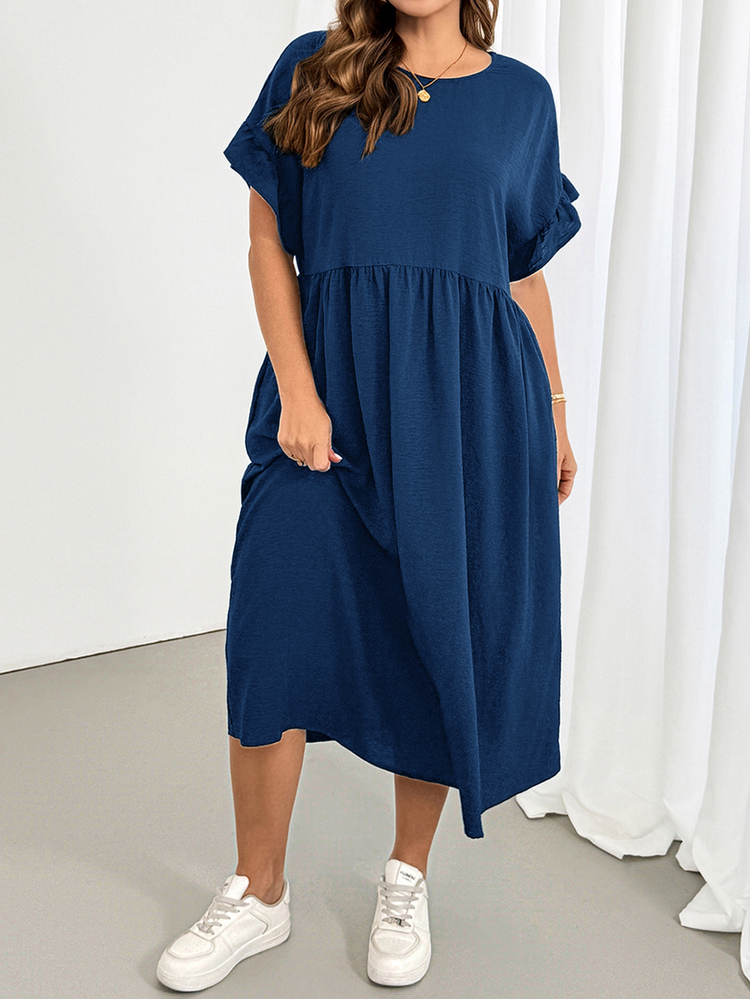 Shapeblank Plus-Size Women's Navy Blue Midi Dress Sommar Smart Casual Baggy Vacation Ruffled Sleeves Pocket Loose Comfortable Versatile Summer Outfits Formal - Navy Blue - View 5