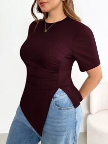 Shapeblank Plus Size Women's Burgundy Summer Smart Casual Everyday T-Shirt, Stretchy Comfortable Ruched Waist Asymmetric Hem Short Sleeve Curve Tops - Burgundy - View 5