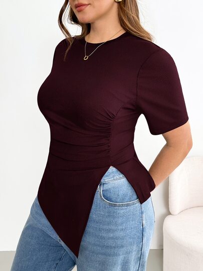 Shapeblank Plus Size Women's Burgundy Summer Smart Casual Everyday T-Shirt, Stretchy Comfortable Ruched Waist Asymmetric Hem Short Sleeve Curve Tops
