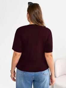 Shapeblank Plus Size Women's Burgundy Summer Smart Casual Everyday T-Shirt, Stretchy Comfortable Ruched Waist Asymmetric Hem Short Sleeve Curve Tops - Burgundy - View 3