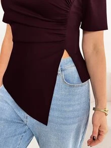 Shapeblank Plus Size Women's Burgundy Summer Smart Casual Everyday T-Shirt, Stretchy Comfortable Ruched Waist Asymmetric Hem Short Sleeve Curve Tops - Burgundy - View 7