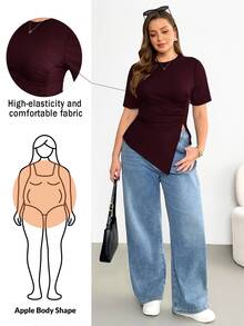 Shapeblank Plus Size Women's Burgundy Summer Smart Casual Everyday T-Shirt, Stretchy Comfortable Ruched Waist Asymmetric Hem Short Sleeve Curve Tops - Burgundy - View 2