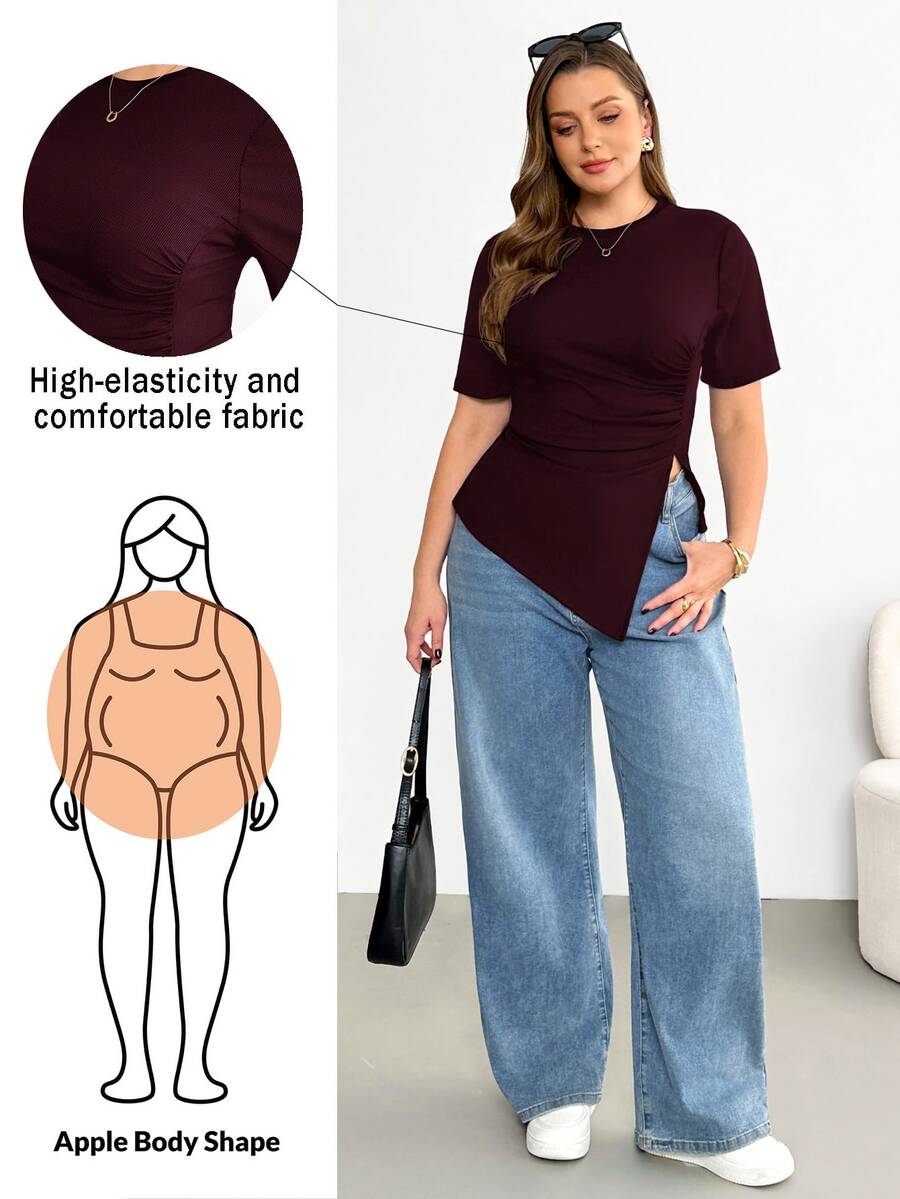 Shapeblank Plus Size Women's Burgundy Summer Smart Casual Everyday T-Shirt, Stretchy Comfortable Ruched Waist Asymmetric Hem Short Sleeve Curve Tops