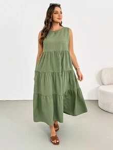 Shapeblank 大尺碼女款夏季橄欖綠波希米亞風寬鬆奇幻端莊度假連衣裙，休閒紋理無袖長裙，附口袋，適合早午餐 - 綠色 - 查看 5