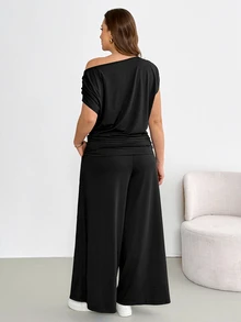 Shapeblank Plus-Size Women's Black Summer Smart Casual Vacation Two Pieces Set,Off-Shoulder Short-Sleeved Top&Wide-Leg Pants,Comfortable Stretchy Airport Outfits - Black - View 3