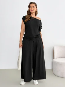 Shapeblank Plus-Size Women's Black Summer Smart Casual Vacation Two Pieces Set,Off-Shoulder Short-Sleeved Top&Wide-Leg Pants,Comfortable Stretchy Airport Outfits - Black - View 5