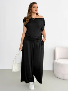 Shapeblank Plus-Size Women's Black Summer Smart Casual Vacation Two Pieces Set,Off-Shoulder Short-Sleeved Top&Wide-Leg Pants,Comfortable Stretchy Airport Outfits - Black - View 8