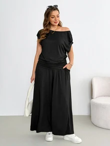 Shapeblank Plus-Size Women's Black Summer Smart Casual Vacation Two Pieces Set,Off-Shoulder Short-Sleeved Top&Wide-Leg Pants,Comfortable Stretchy Airport Outfits - Black - View 4