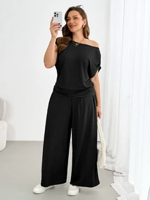 Shapeblank Plus-Size Women's Black Summer Smart Casual Vacation Two Pieces Set,Off-Shoulder Short-Sleeved Top&Wide-Leg Pants,Comfortable Stretchy Airport Outfits - Black - View 7