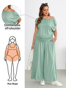 Shapeblank Plus-Size Women's Spring/Summer Fashionable Casual Stretchy Comfortable Everyday Short-Sleeved Off-Shoulder Top And Wide-Leg Pants Black Two Pieces Set,Summer Clothes,Pants Set,Airport Outfits - Mint Green - View 1