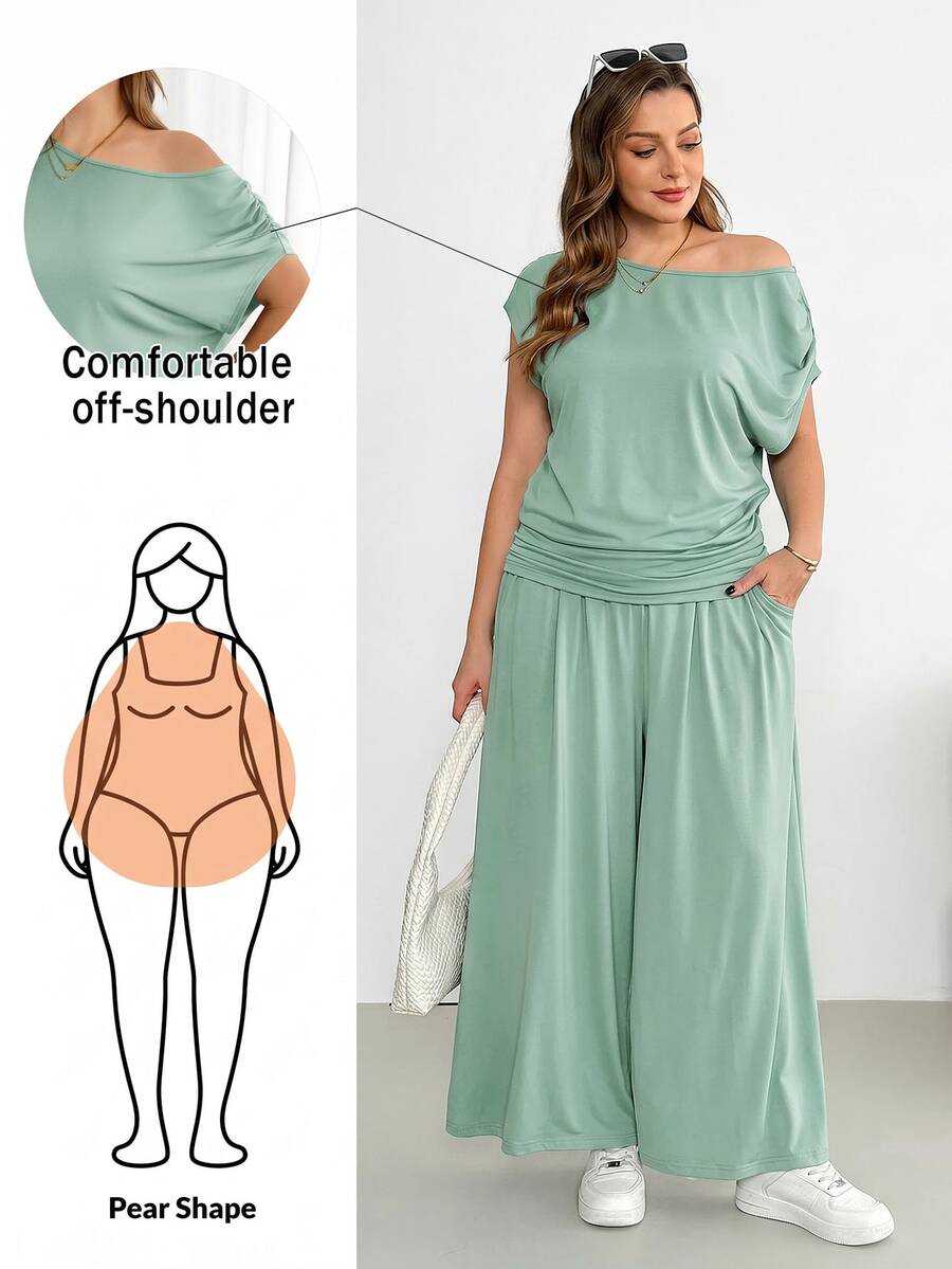 Shapeblank Plus-Size Women's Spring/Summer Fashionable Casual Stretchy Comfortable Everyday Short-Sleeved Off-Shoulder Top And Wide-Leg Pants Black Two Pieces Set,Summer Clothes,Pants Set,Airport Outfits - Mint Green - View 1