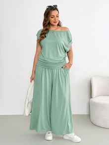 Shapeblank Plus-Size Women's Spring/Summer Fashionable Casual Stretchy Comfortable Everyday Short-Sleeved Off-Shoulder Top And Wide-Leg Pants Black Two Pieces Set,Summer Clothes,Pants Set,Airport Outfits - Mint Green - View 3