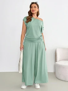 Shapeblank Plus-Size Women's Spring/Summer Fashionable Casual Stretchy Comfortable Everyday Short-Sleeved Off-Shoulder Top And Wide-Leg Pants Black Two Pieces Set,Summer Clothes,Pants Set,Airport Outfits - Mint Green - View 4