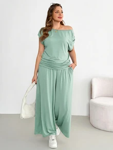 Shapeblank Plus-Size Women's Spring/Summer Fashionable Casual Stretchy Comfortable Everyday Short-Sleeved Off-Shoulder Top And Wide-Leg Pants Black Two Pieces Set,Summer Clothes,Pants Set,Airport Outfits - Mint Green - View 7