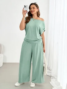 Shapeblank Plus-Size Women's Spring/Summer Fashionable Casual Stretchy Comfortable Everyday Short-Sleeved Off-Shoulder Top And Wide-Leg Pants Black Two Pieces Set,Summer Clothes,Pants Set,Airport Outfits - Mint Green - View 6