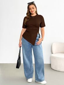Shapeblank Plus Size Women's Brown Summer Smart Casual Everyday Versatile T-Shirt, Stretchy Comfortable Asymmetric Hem Ruched Waist Short Sleeve Curve Tops - Brown - View 4
