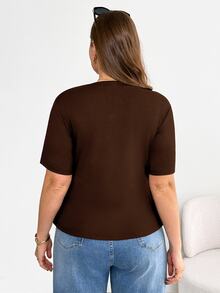 Shapeblank Plus Size Women's Brown Summer Smart Casual Everyday Versatile T-Shirt, Stretchy Comfortable Asymmetric Hem Ruched Waist Short Sleeve Curve Tops - Brown - View 2