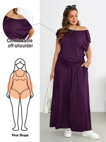 Shapeblank Plus-Size Women's Spring/Summer Fashionable Casual Stretchy Comfortable Everyday Short-Sleeved Off-Shoulder Top And Wide-Leg Pants Black Two Pieces Set,Summer Clothes,Pants Set,Airport Outfits - Purple - View 2