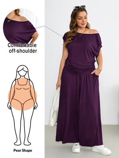 Shapeblank Conjunto de dos piezas de mujer talla grande para primavera/verano, top de manga corta con hombros descubiertos y pantalones de pierna ancha, elástico, cómodo, casual y de moda, color negro, ropa de verano, conjunto de pantalones, atuendo para el aeropuerto