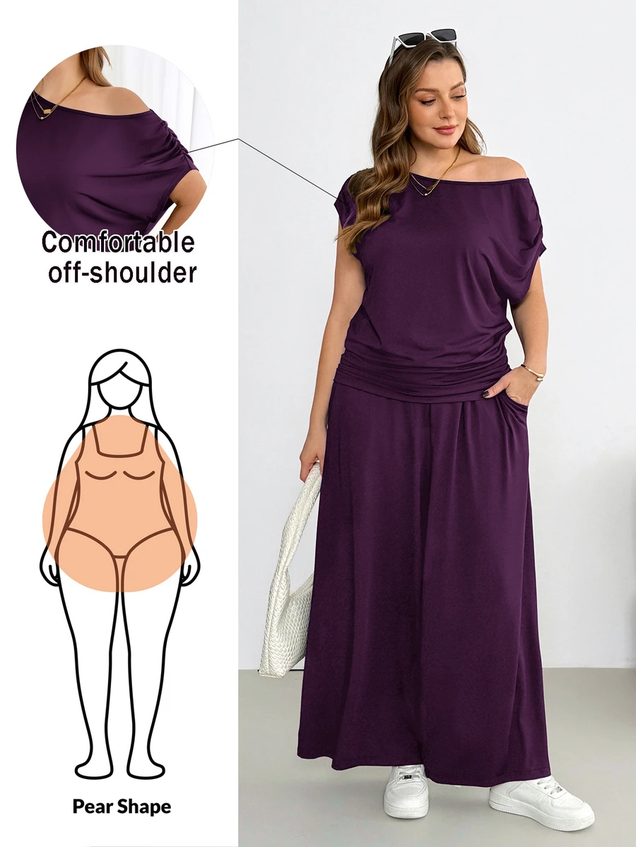 Shapeblank Plus-Size Women's Spring/Summer Fashionable Casual Stretchy Comfortable Everyday Short-Sleeved Off-Shoulder Top And Wide-Leg Pants Black Two Pieces Set,Summer Clothes,Pants Set,Airport Outfits